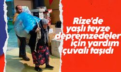 Rize'de yaşlı teyze, depremzedeler için yardım çuvalı taşıdı