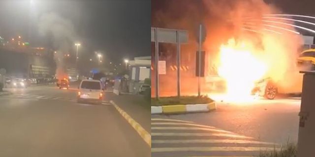 Trabzon Havalimanı'nda taksi alev alev yandı
